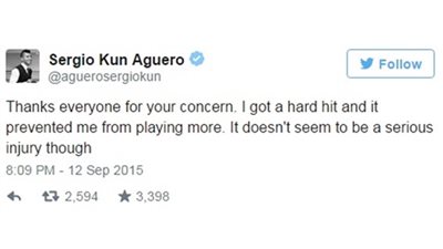 اغويرو يوجه رسالة إلى جماهير مانشستر سيتي حول اصابته