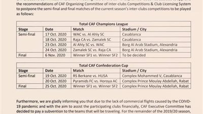 كاف يخطر الزمالك والأهلي  بموعد مباراتي الرجاء والوداد