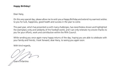 إنفانتينو ورؤساء الاتحاد العربي والإفريقي والآسيوي يهنئون أبوريدة بعيد ميلاده 