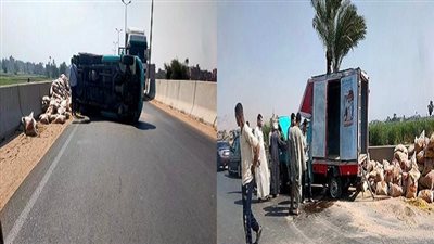 بالصور.. حادث انقلاب سيارة نقل مُحملة بمواد غذائية أعلى محور جرجا بسوهاج