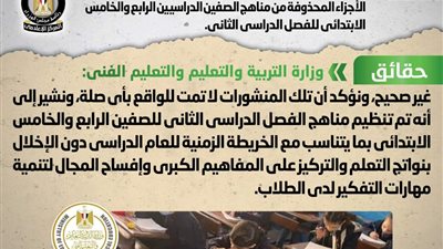 مجلس الوزراء يزيح الستار عن شائعة حذف مناهج الصف الرابع والخامس الابتدائى 