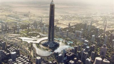 البرج الأيقونى بالعاصمة الإدارية يتزين بعلمى مصر وفلسطين (صورة)