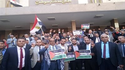 وقفة احتجاجية لمحامين سوهاج داخل مجمع المحاكم تضامنًا مع أهل فلسطين |صور