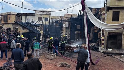 حريق بديكور مسلسل ألف ليلة وليلة بالحي الشعبي بمدينة الإنتاج الإعلامي 