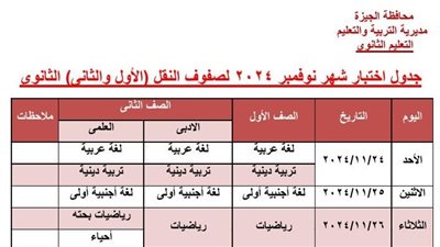 جداول ومواصفات امتحانات شهر نوفمبر لصفوف النقل الابتدائي والإعدادي والثانوي بمحافظة الجيزة