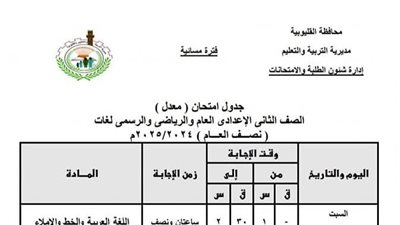 عاجل.. تعديل جداول امتحانات نصف العام للصفوف الأول والثاني والثالث للشهادة الإعدادية (القليوبية)