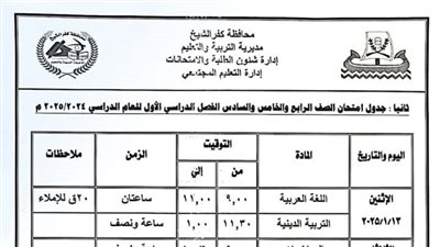 جداول امتحانات نصف العام لصفوف النقل والشهادة الإعدادية بكفر الشيخ