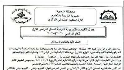 جدول التقييمات نصف العام لصف الأول والثاني الابتدائي(البحيرة )