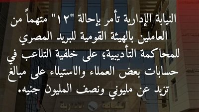 إحالة 12 موظفا بالبريد للمحاكمة بتهمة الاستيلاء على 2.5 مليون من أموال العملاء